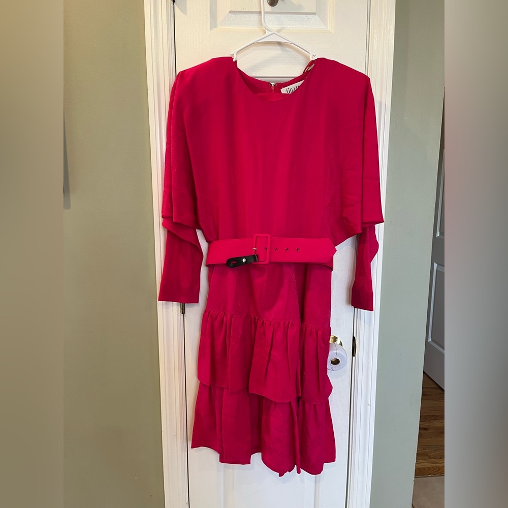 Vtg 80s Silk Bright Pink‎ with Belt Cocktail Dress Tiered Silk 4 b5